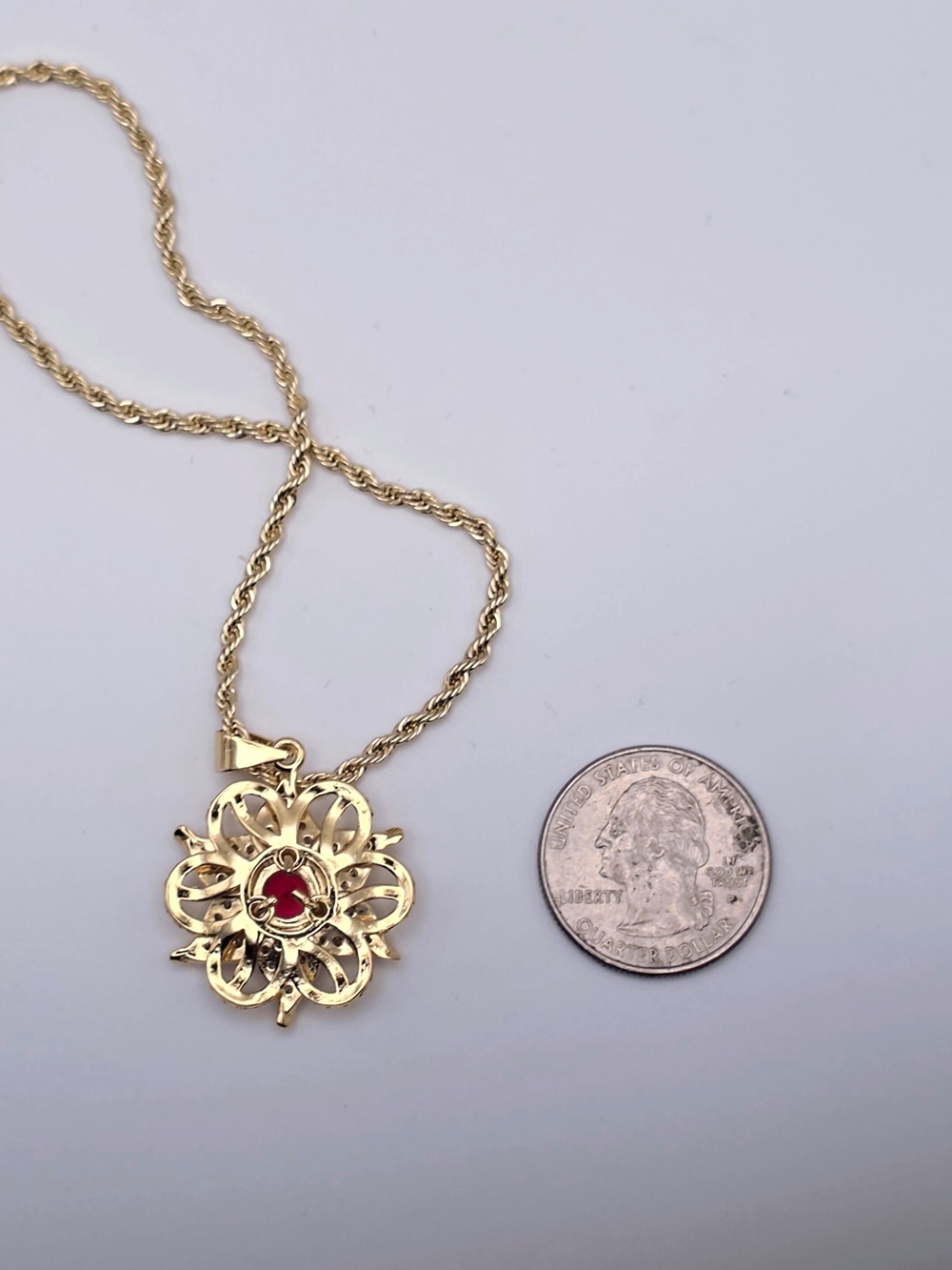 Gold Flower Pendant Necklace with Pink Center Stone - Picture 4 of 4